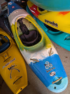 Jackson Karma river running whitewater kayak Used blue white yellow at Alder Creek Kayak and Canoe