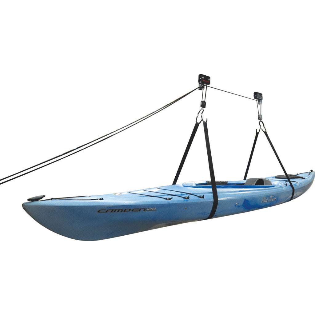The Malone Kayak Hammock is a garage lift system enabling you to store your kayak up by the ceiling.