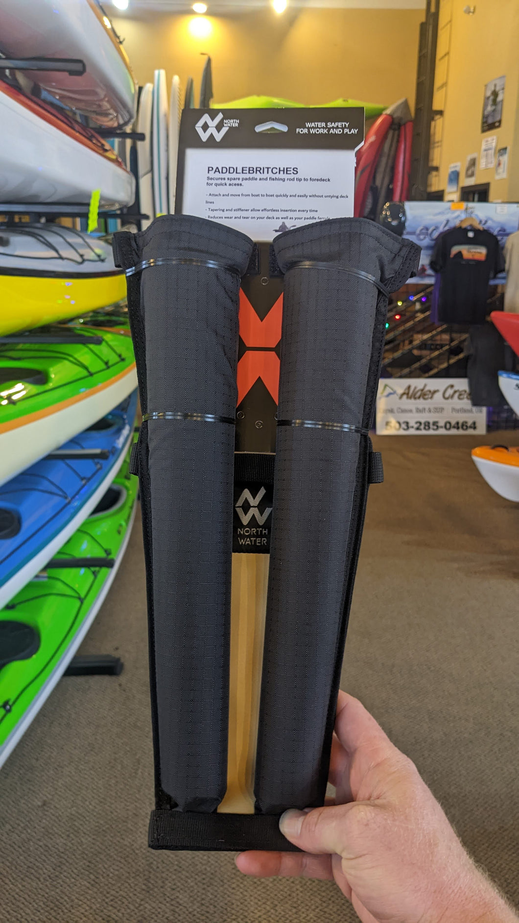 Northwater paddle britches attach a tapered cone to the deck of your kayak to add security to a stored or extra paddle on the deck of the kayak.